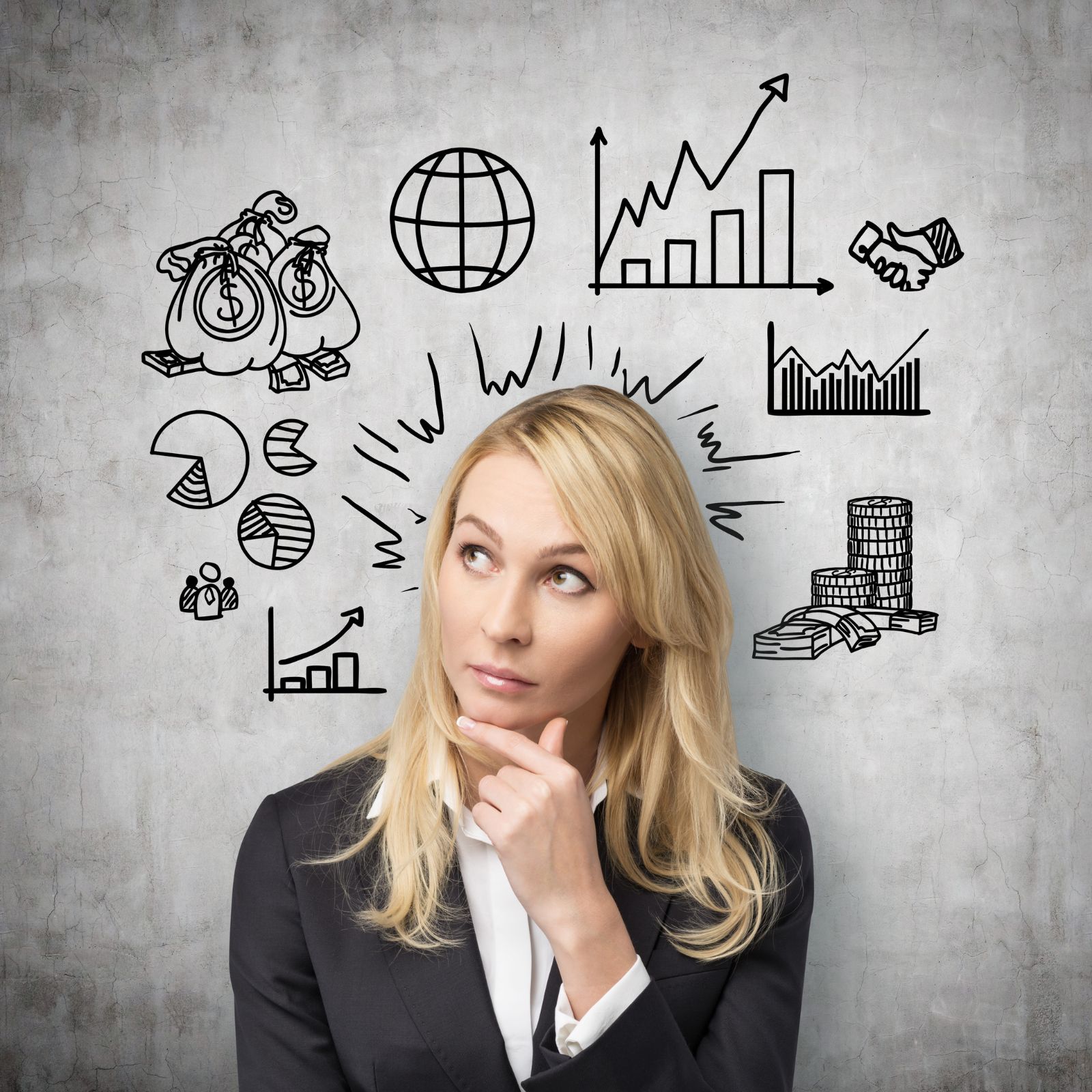 Cover image for law firm business development ideas post - woman thinking with graphics above her head