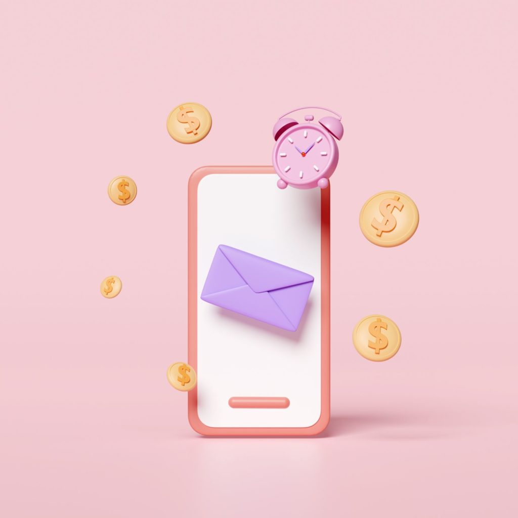 Pink background with phone on it,mail accents and a clock